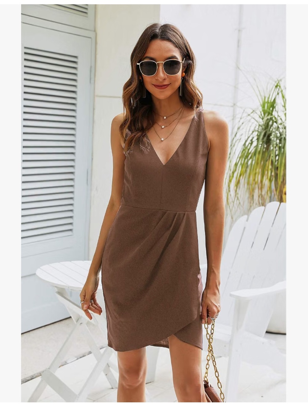 Manydress V-Neck Brown Bodycon Mini Dress